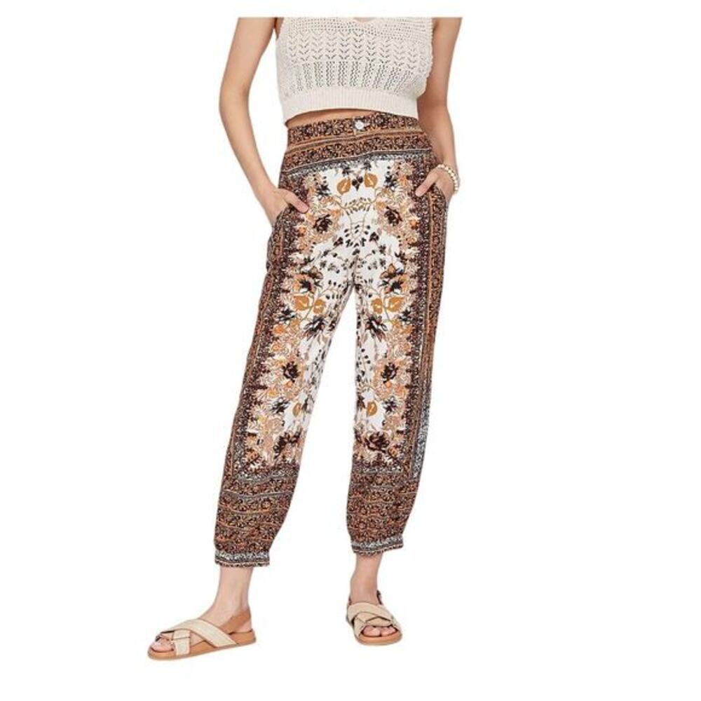 Anthropologie Brown Printed Floral Linen Blend High Waisted Jogger Pants Size 8‎